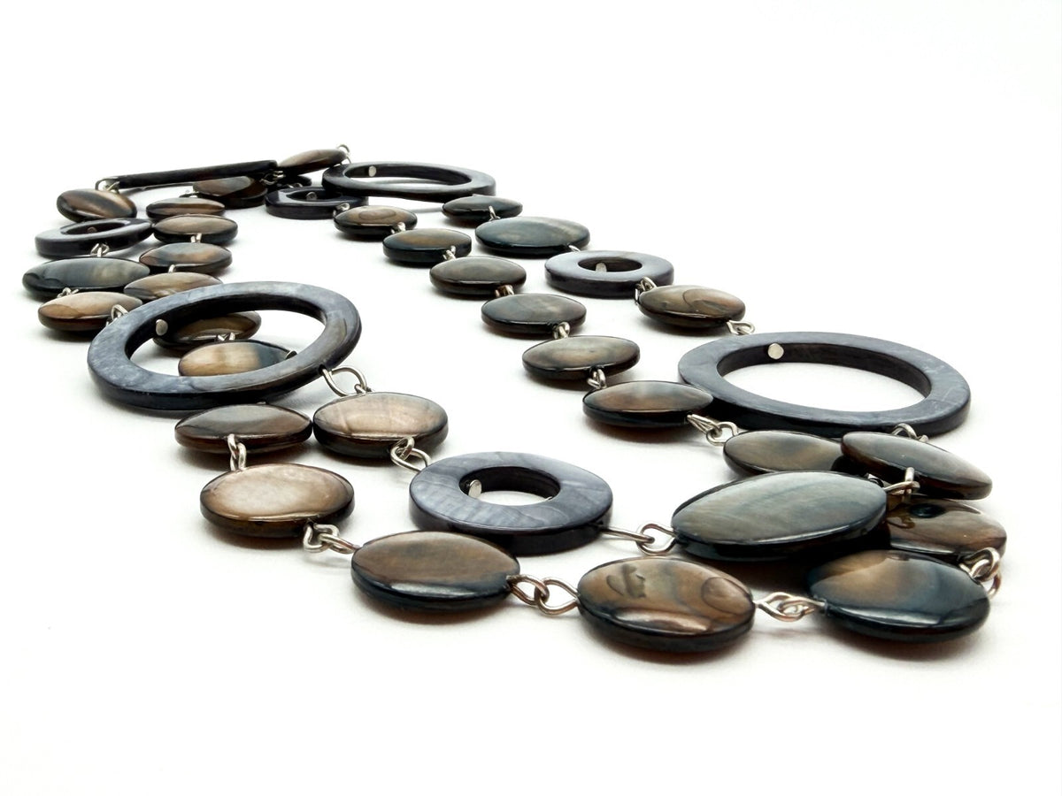 Long Shell Disc Hoop Long Necklace Grey Brown Iridescent Statement Unsigned M&S