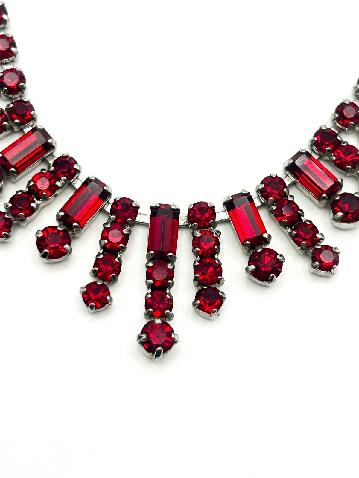 Vintage Red Rhinestone Fringe Statement Necklace Baguette Drop 14.5”