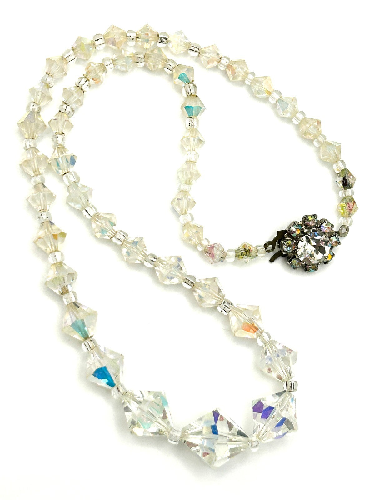 Aurora Borealis Crystal Bicone Necklace with Rhinestone Flower Clasp