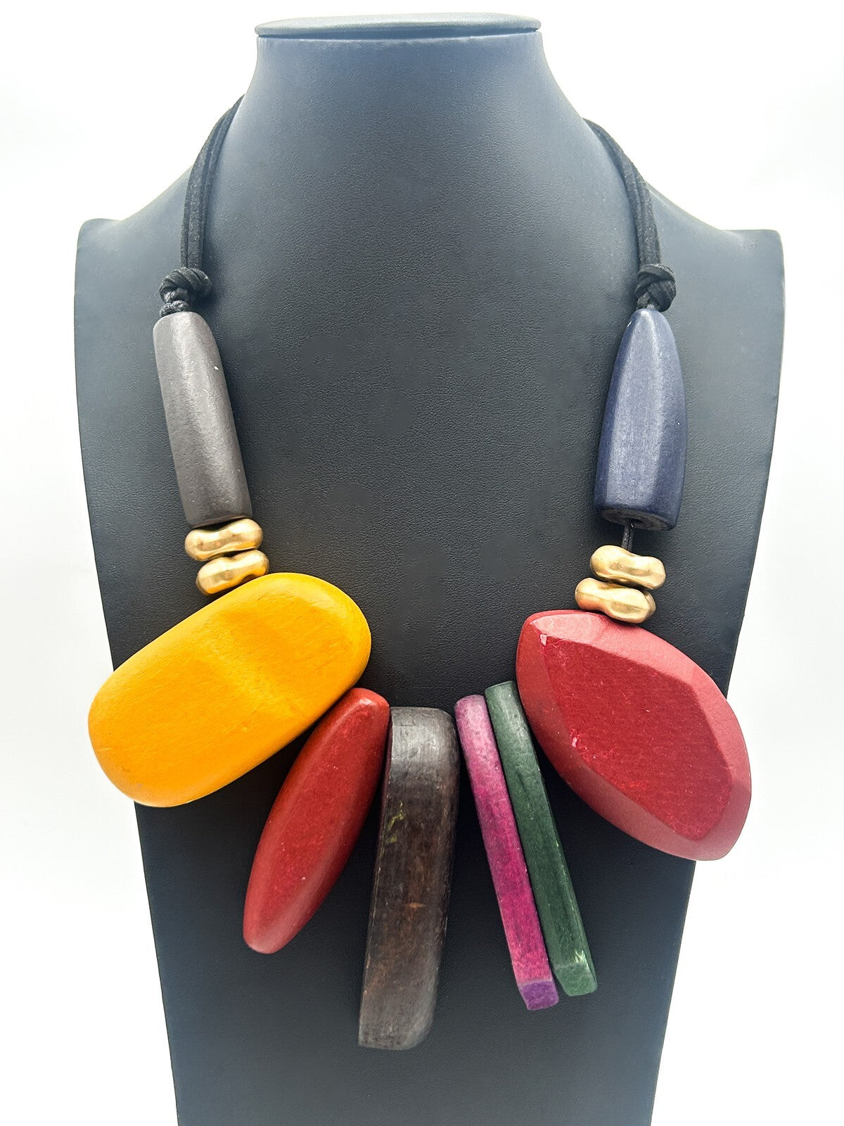 Chunky Abstract Wood Statement Necklace on Black Cord Multi Colour