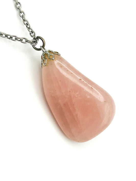Vintage Rose Quartz Necklace Large Nugget Pendant Pink Crystal Chunky Stone