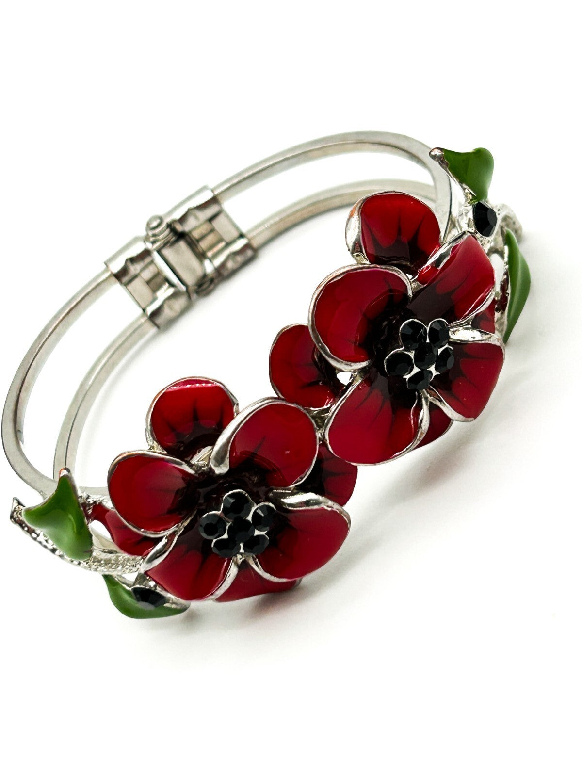Retro Floral Enamel Bracelet Red Flower Snap Bangle Poppy Silver Tone Statement
