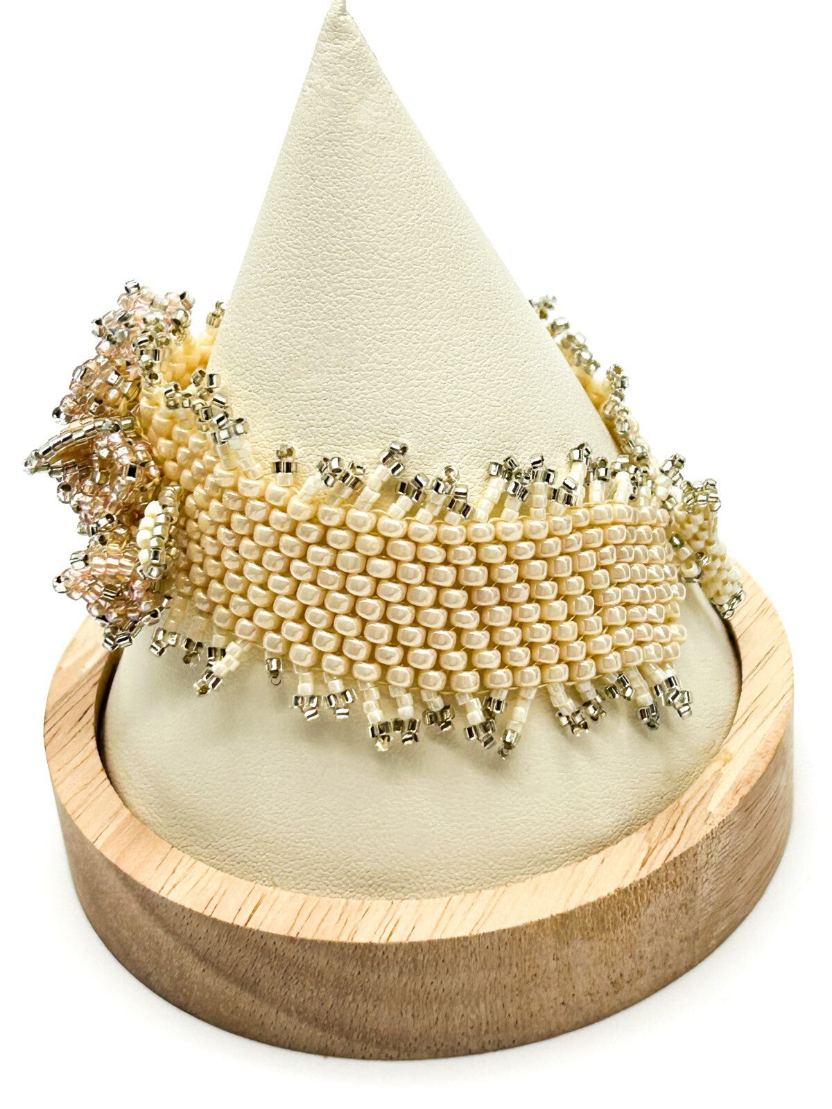 Handmade Cream & Peach Seed Bead Floral Cuff Bracelet