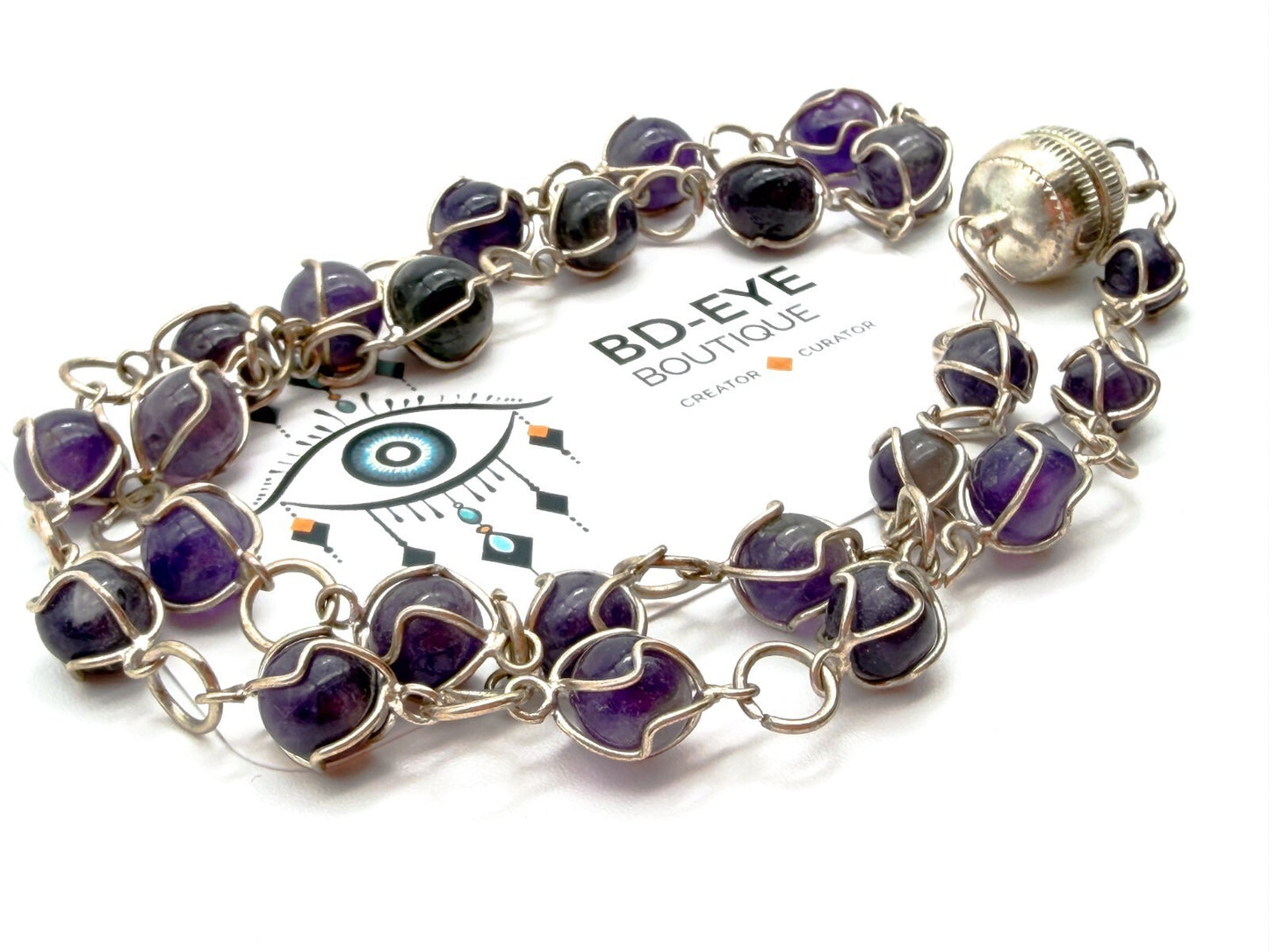 Amethyst Necklace & Bracelet Set Wire Wrapped Purple Gemstone Chain 20.5”