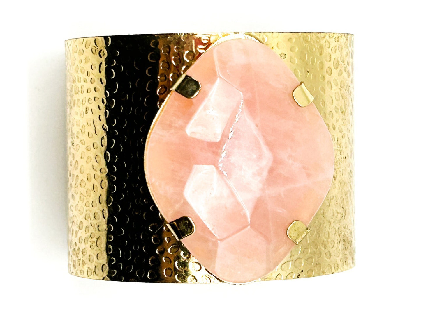 Pink Jade Gold Tone Textured Cuff Bracelet Faceted Stone Boho Statement Retro