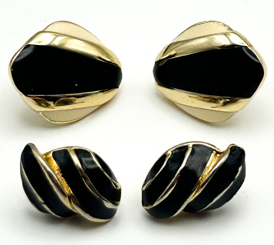 Vintage Black Enamel and Gold Tone Stud Earrings – Set of 2 Pairs