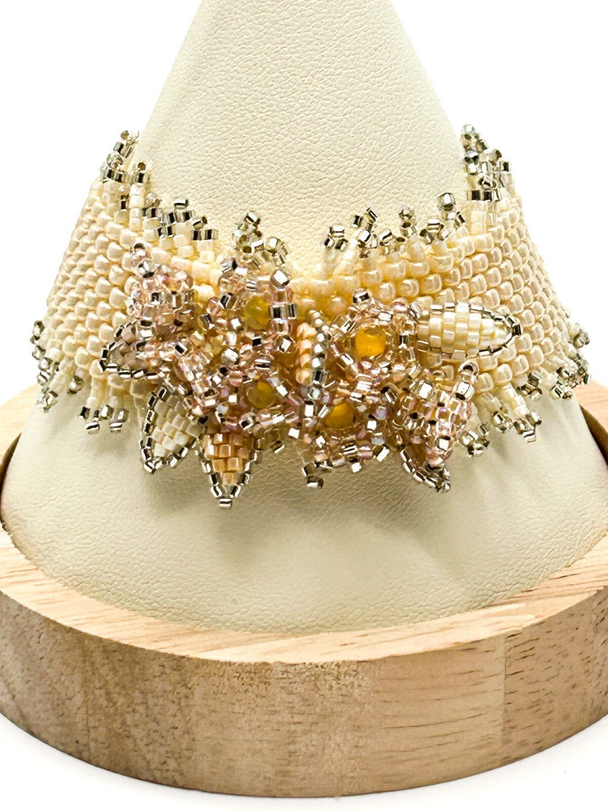 Handmade Cream & Peach Seed Bead Floral Cuff Bracelet