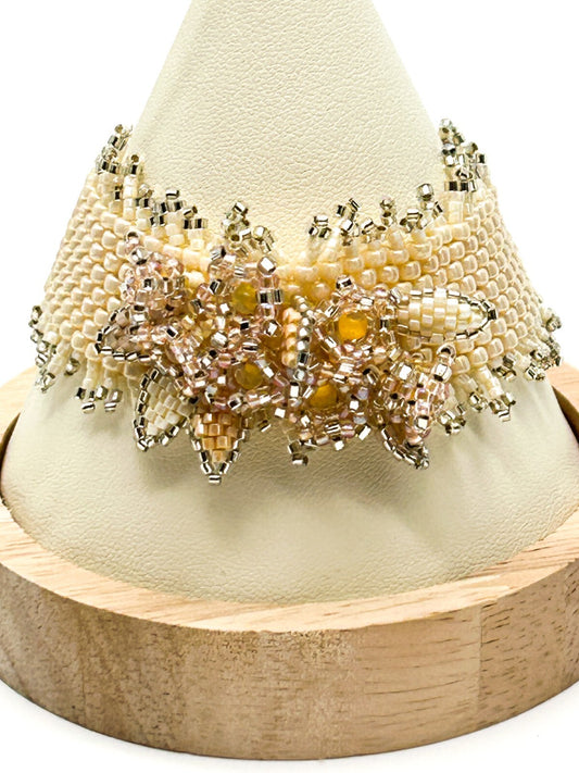 Handmade Cream & Peach Seed Bead Floral Cuff Bracelet