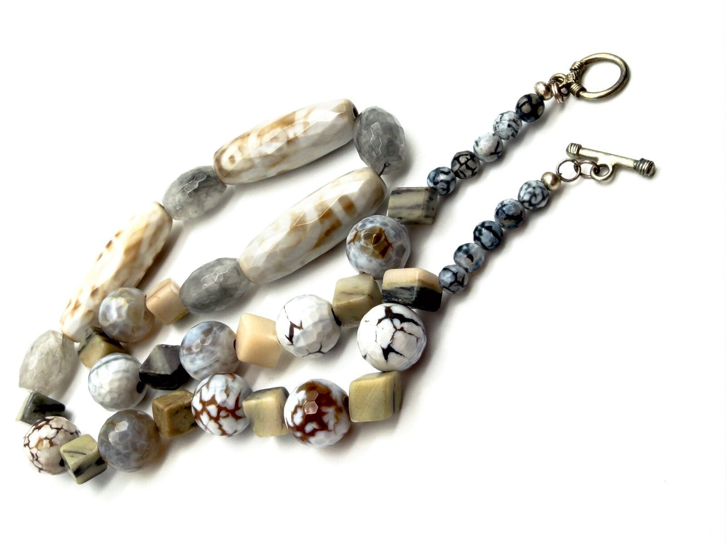 Chunky Gemstone Necklace Agate Jasper Quartz Dzi 9-eye Beads Toggle 22”
