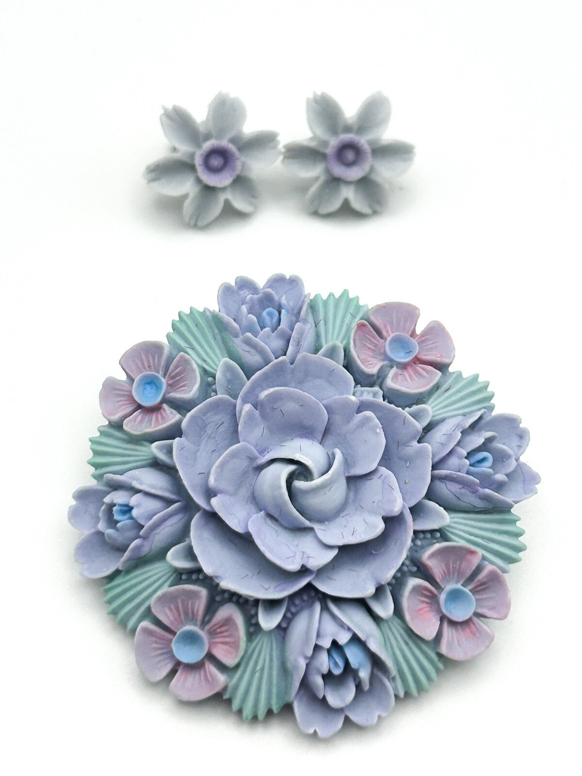 Vintage Handcast Floral Brooch & Earrings Set Pastel Resin Boxed Gift Set