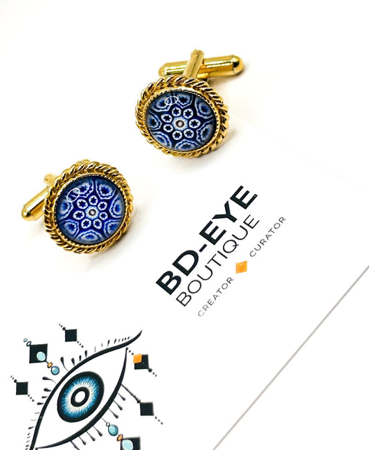 Murano Glass Cufflinks Vintage Blue White Millefiori Gold Tone Italian