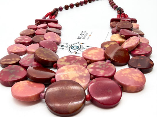 Triple Strand Pink Statement Necklace Red Disc Beads Chunky Layered 25"