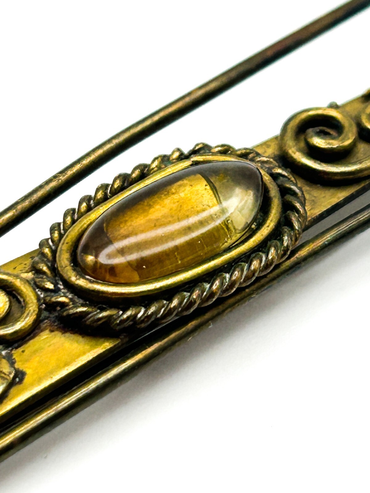 Antique Style Art Nouveau Brass Openwork Brooch Oval Glass Cabochon C Clasp