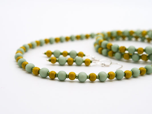 Green Yellow Beaded Handmade - Earring, Necklace & Bracelet Set