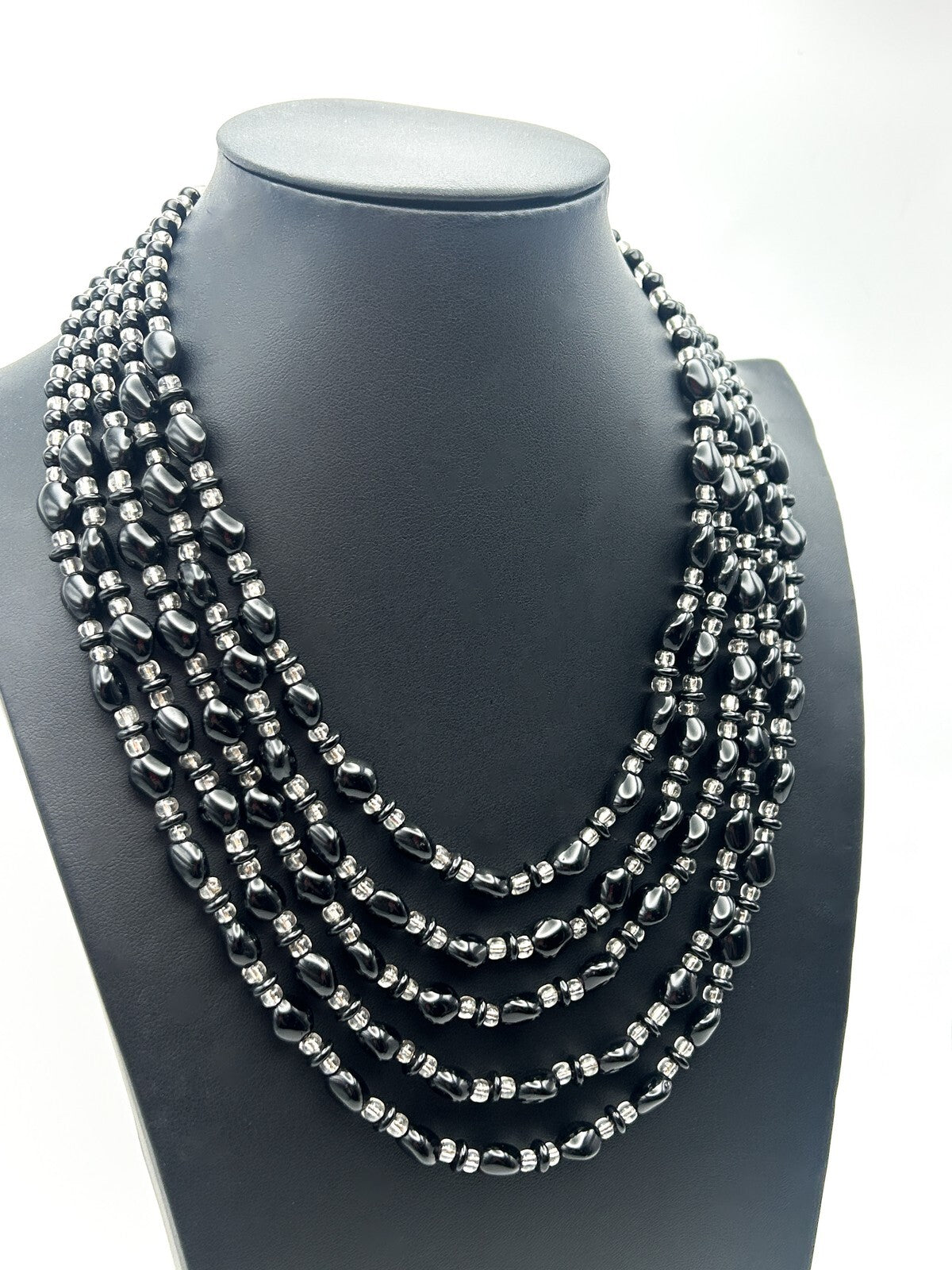 Vintage 5 Strand Black & Clear Glass Beaded Statement Necklace Heavy Layered
