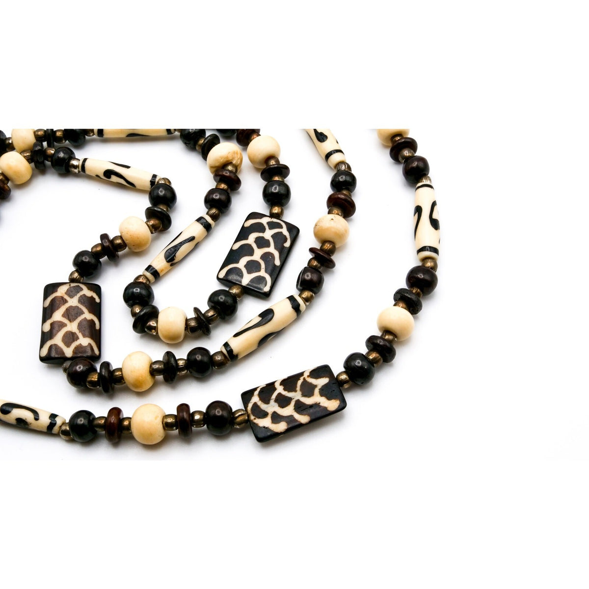 Batik-Style Beaded Long Necklace – Hand-Carved & Dyed Beads, Boho