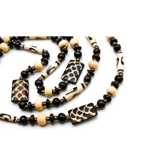 Batik-Style Beaded Long Necklace – Hand-Carved & Dyed Beads, Boho