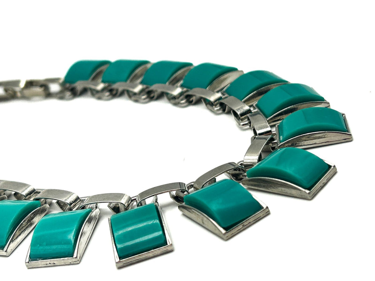 Aqua / Teal Curved Panel Cabouchon Collar Industrial Statement Necklace