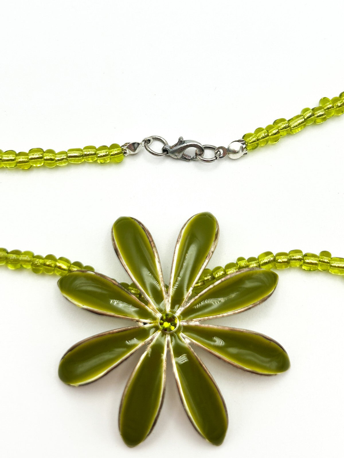 Lime Green Glass Beaded Necklace with Enamel Flower Pendant