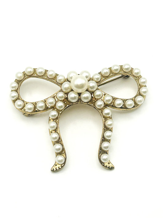 Vintage Faux Pearl Gold Tone Bow Brooch – 6cm