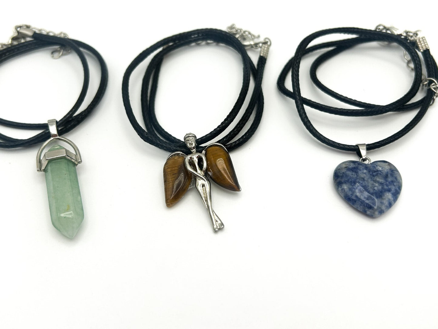 Gemstone Pendant Cord Necklace Bundle Tiger’s Eye, Angel Wings, Aventurine Point