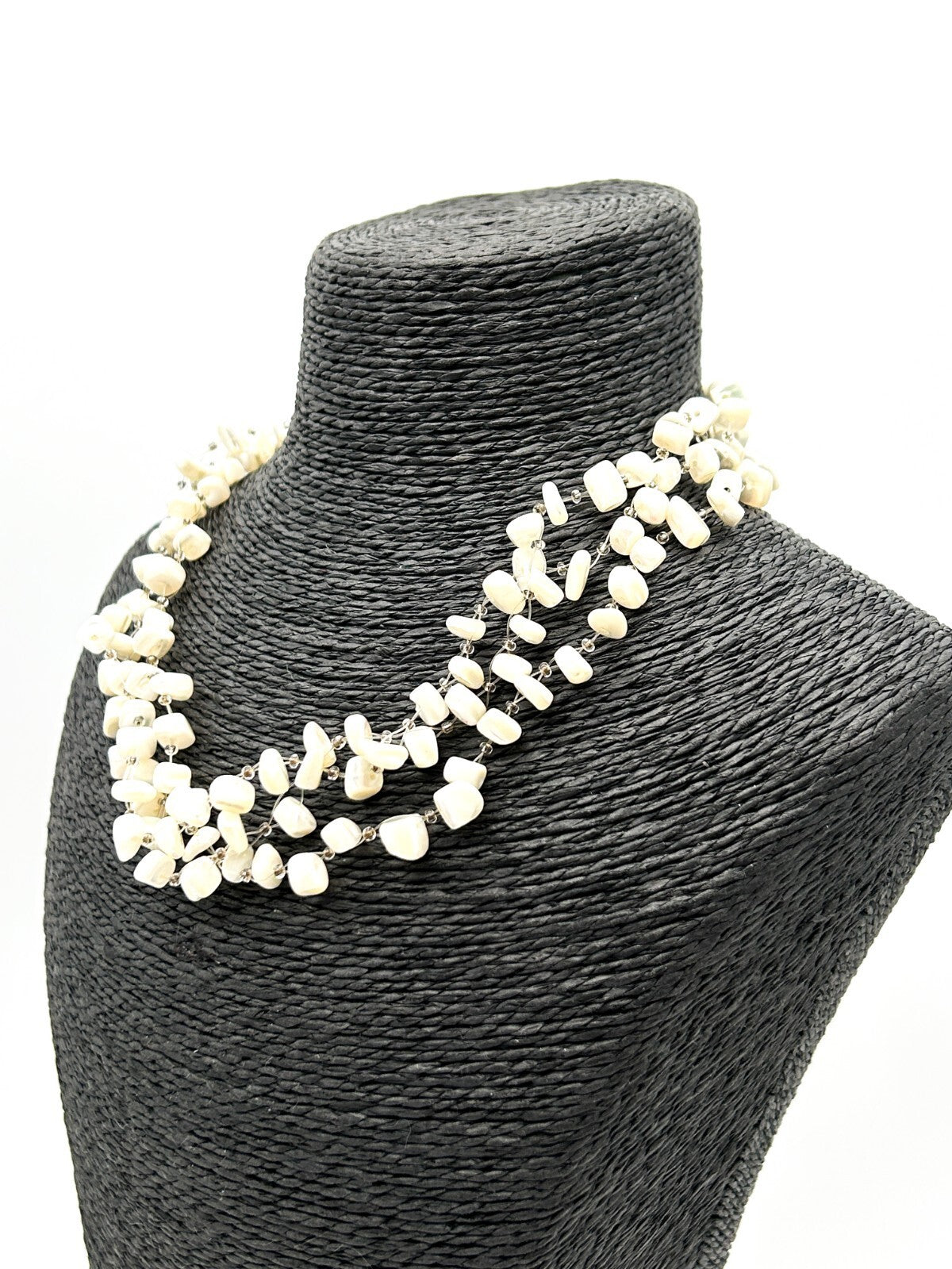 Vintage Mother Of Pearl Multi Strand Illusion Necklace Cream Shell Floating Chip