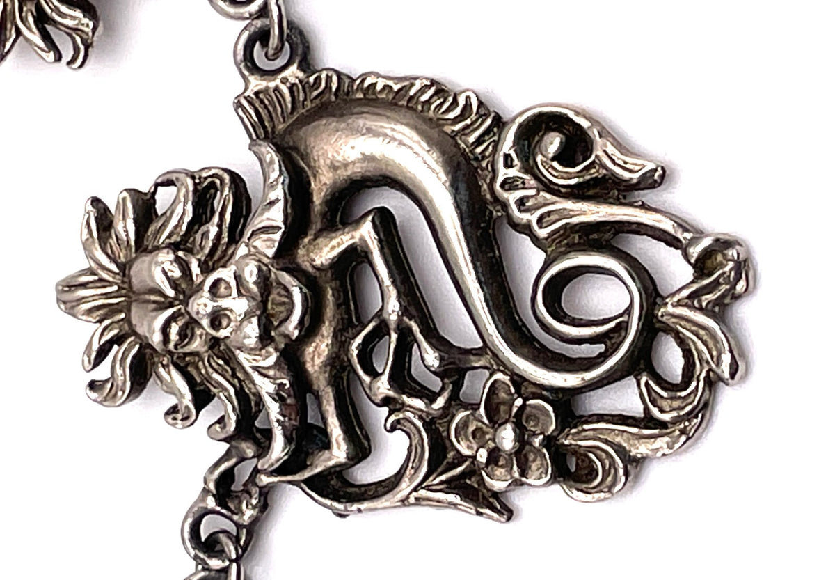 Silver Tone Five Dragon Pendant Necklace – Fantasy Statement, 16”