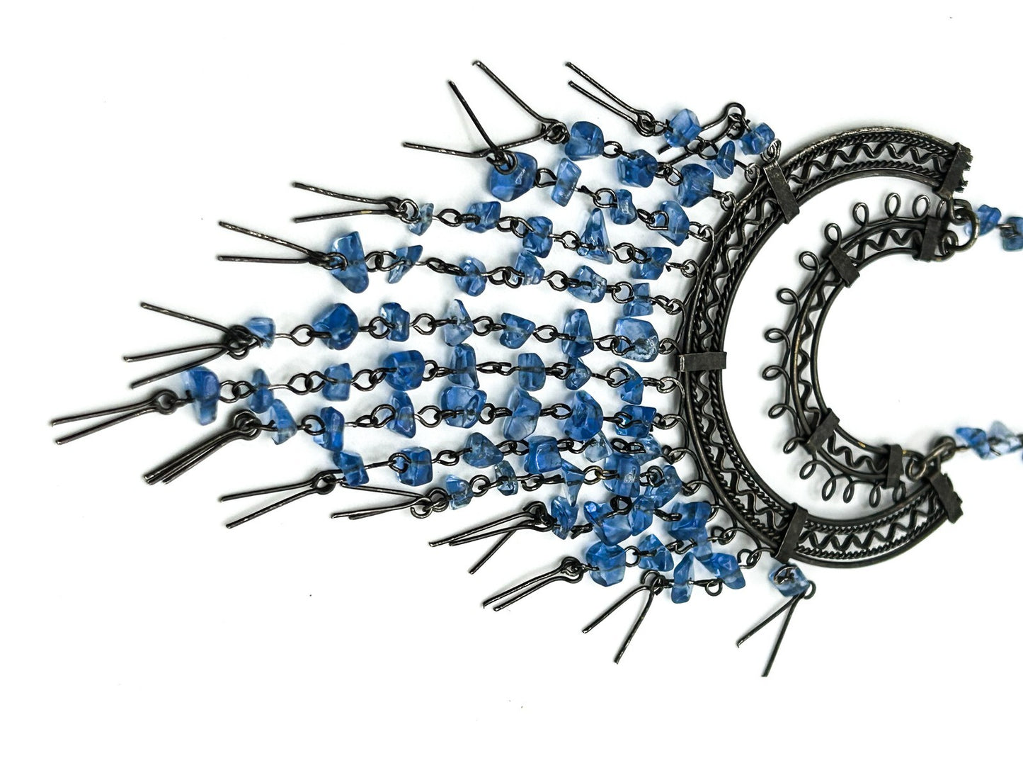 Gunmetal Chain Tassel Necklace with Blue Glass Chips – 20.5in