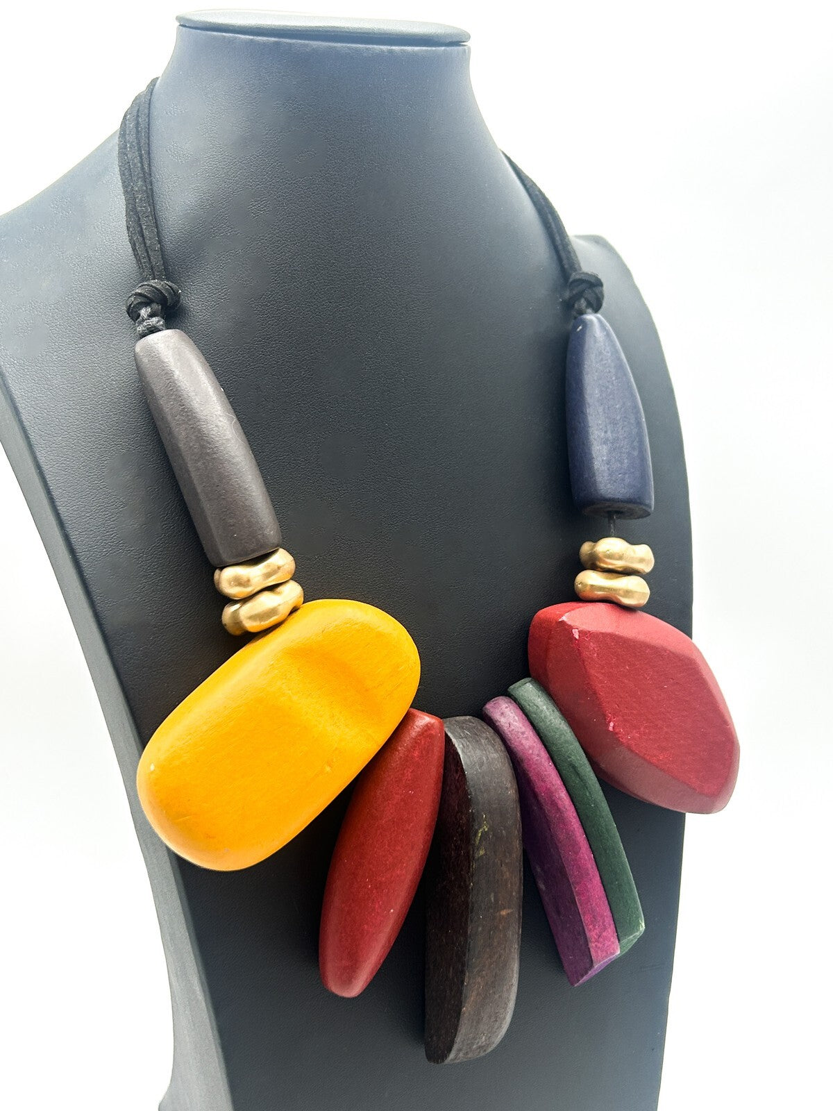 Chunky Abstract Wood Statement Necklace on Black Cord Multi Colour