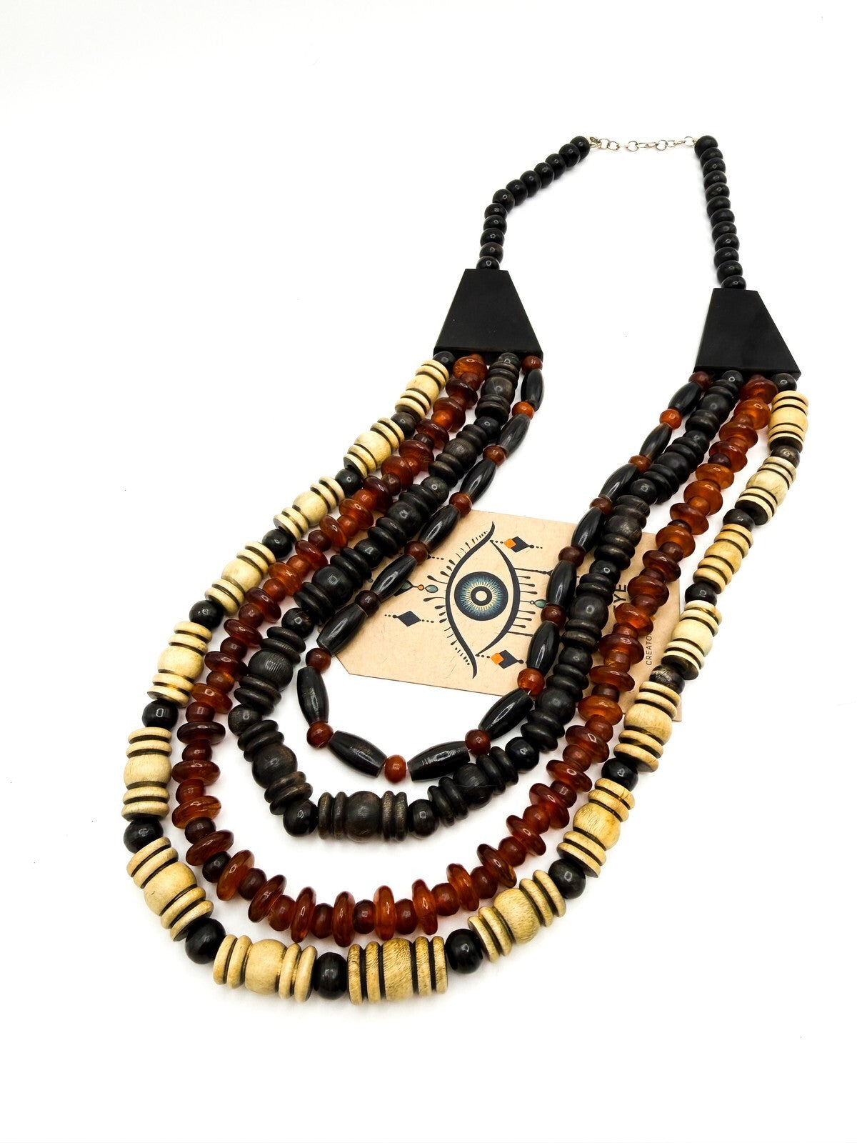 Multistrand Boho Amber & Wood Beaded Necklace Natural Tribal-Inspired Beach