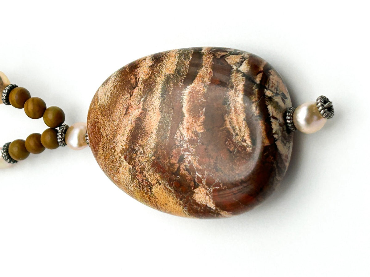 Jasper Pendant Necklace Natural Stone Brown Beaded Freshwater Pearl Earthy 19.5”