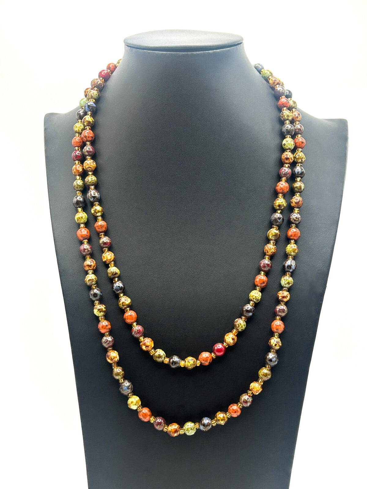 Vintage Mottled Glass Bead Necklace – Green, Orange, Brown & Mustard