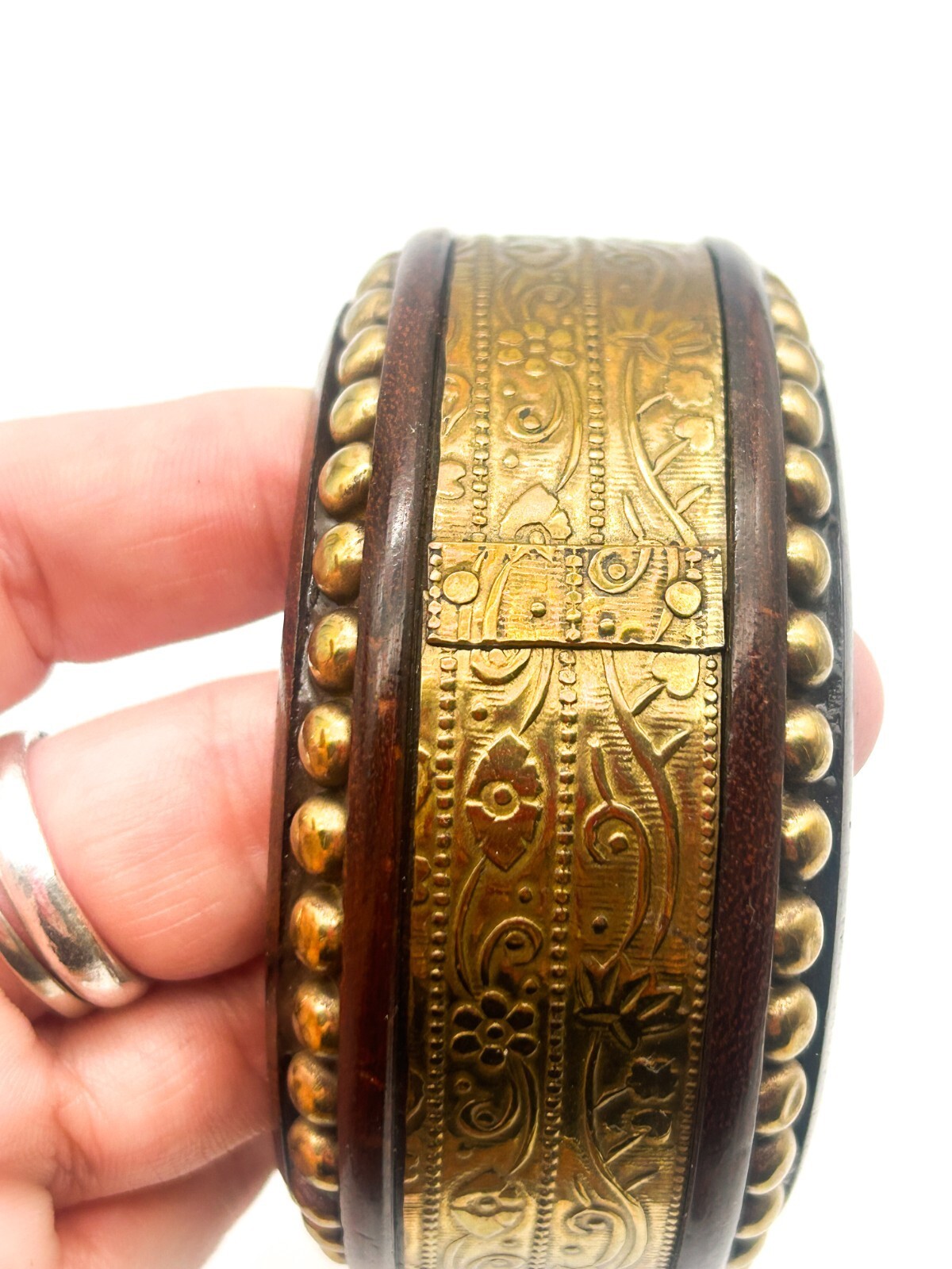 Vintage Dark Wood Brass Bangle Wide Floral Embossed Studded Statement Bracelet
