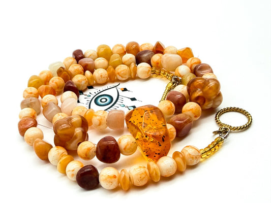 Agate & Faux & Amber Acrylic Beaded Necklace Gold Tone Toggle 25.5”