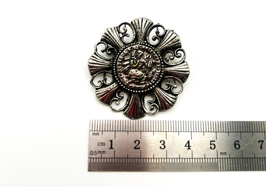 Vintage Silver Tone Saint Christopher Medallion Brooch with Ornate Scroll Frame