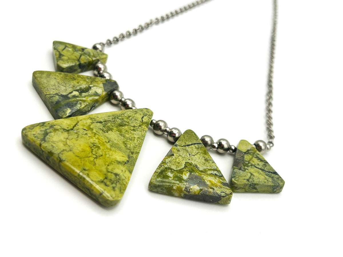 Serpentine Triangle Statement Necklace Lime Green Geometric Gemstone 19”