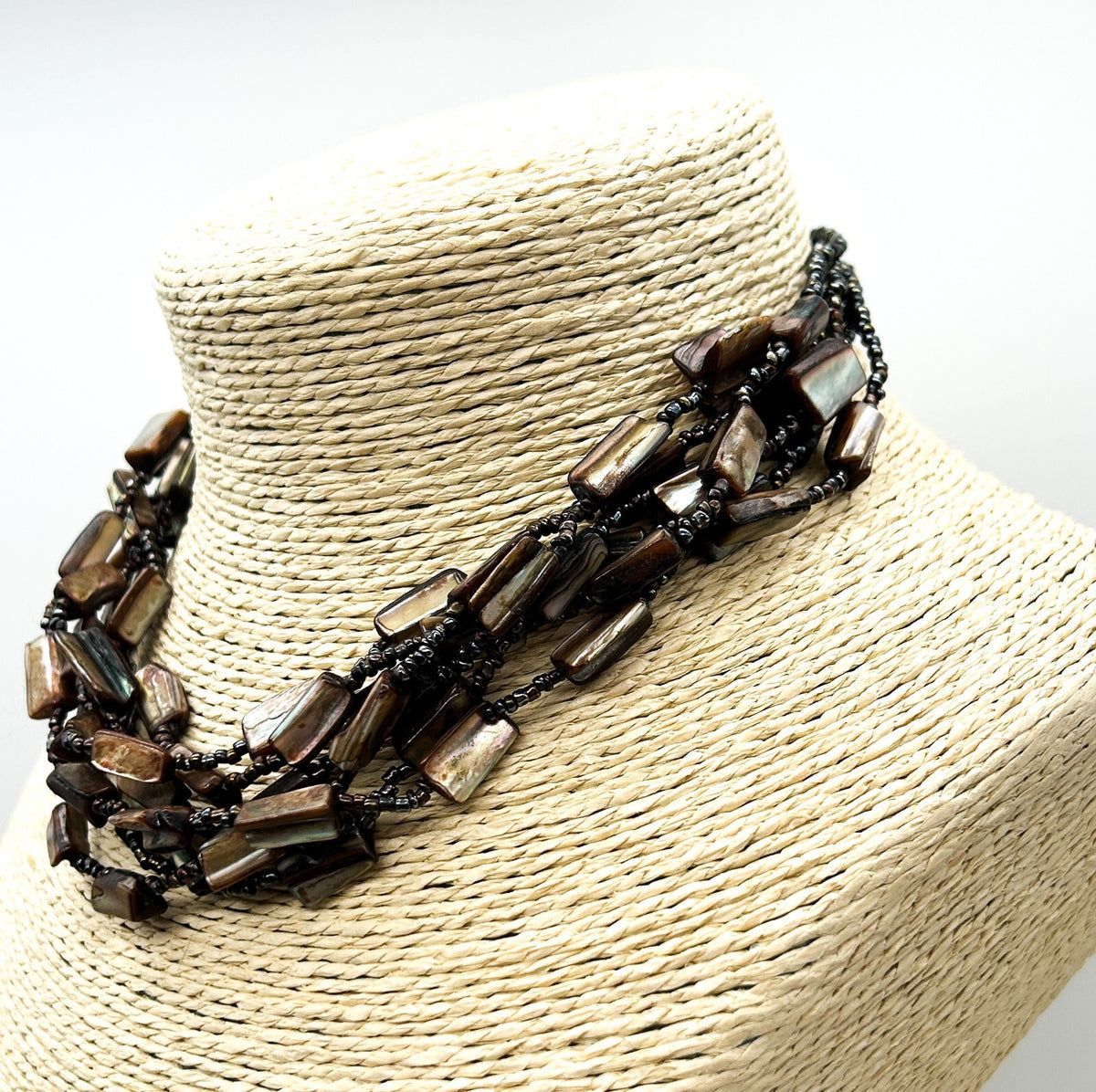 M&S Layered Shell Nugget Necklace Gunmetal Seed Bead Statement Boho Beach