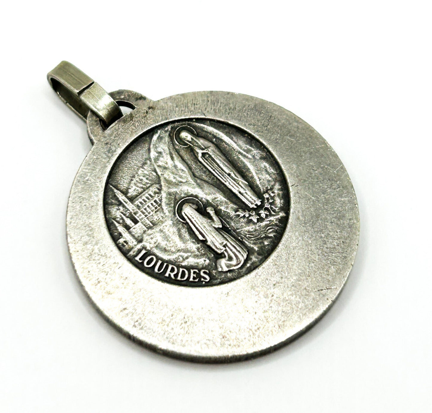 Vintage Our Lady Lourdes Medal Pendant Ave Maria Catholic Virgin Mary 2.5cm