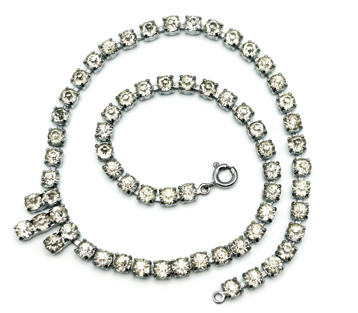 Rhinestone Necklace Silver Tone Clear Crystal Drop Pendant Prong Set Choker 15”