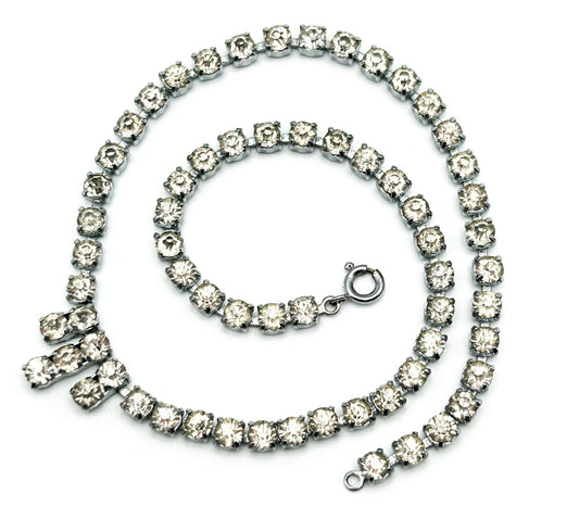 Rhinestone Necklace Silver Tone Clear Crystal Drop Pendant Prong Set Choker 15”