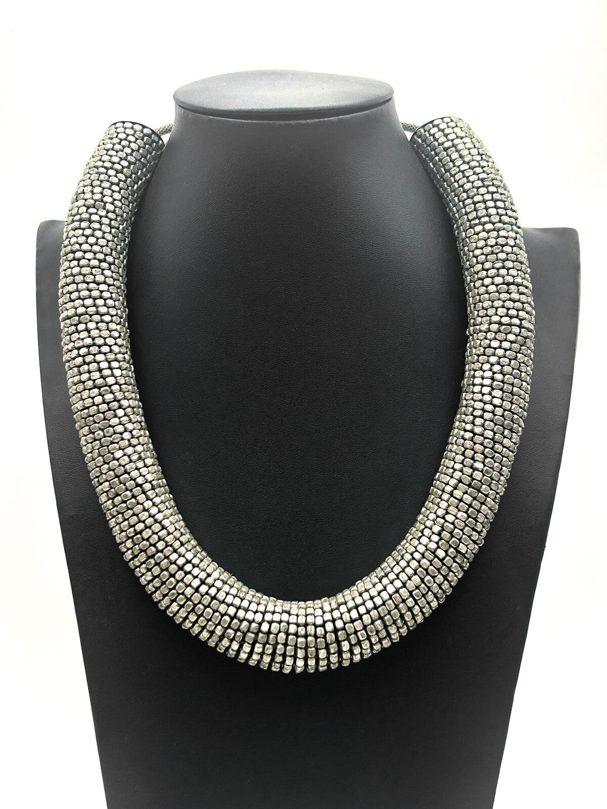 Industrial Coiled Chunky Statement Necklace – Silver Tone – 20”