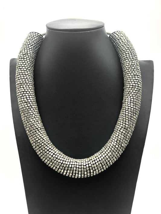 Industrial Coiled Chunky Statement Necklace – Silver Tone – 20”