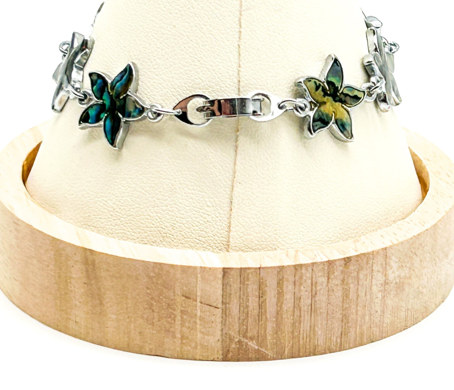 Abalone Shell Flower Bracelet Silver Tone Floral Link Bracelet 6.5”