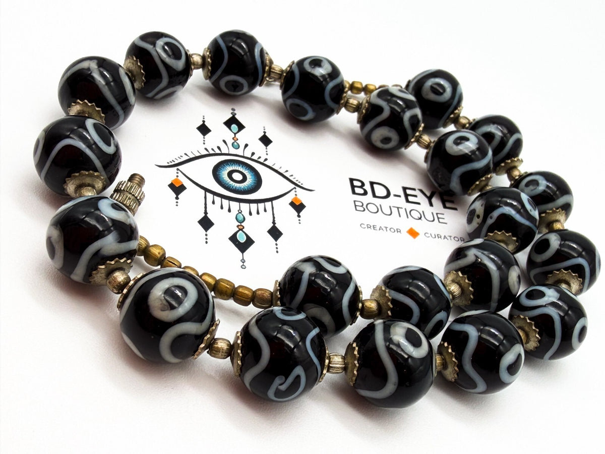 Vintage Black White Dzi Style Necklace Tibetan Bead Statement Glass 17”