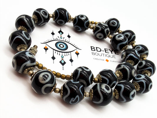 Vintage Black White Dzi Style Necklace Tibetan Bead Statement Glass 17”