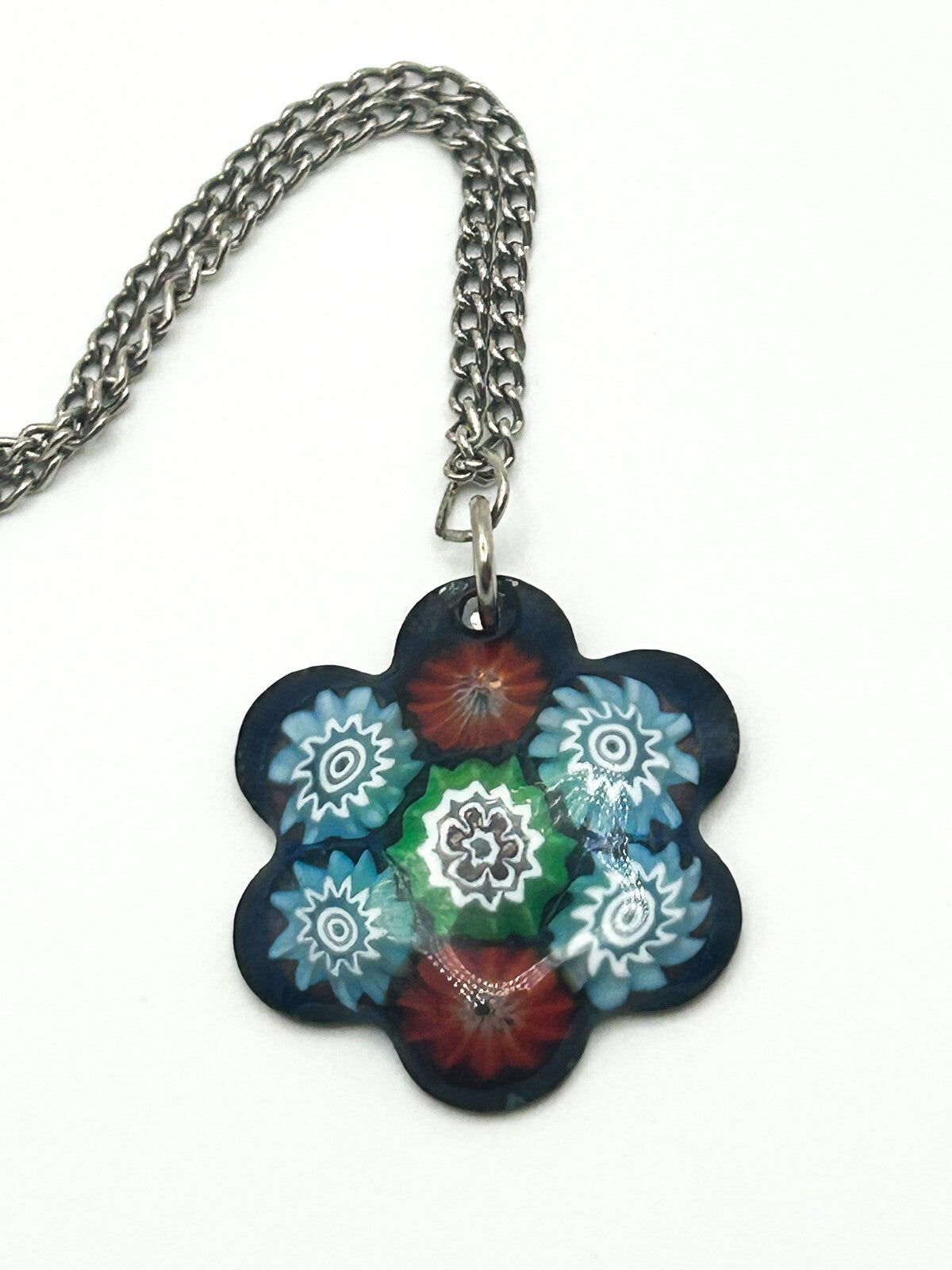 Vintage Floral Murano Glass Millefiori Flower Pendant Necklace - Spring Blue Red