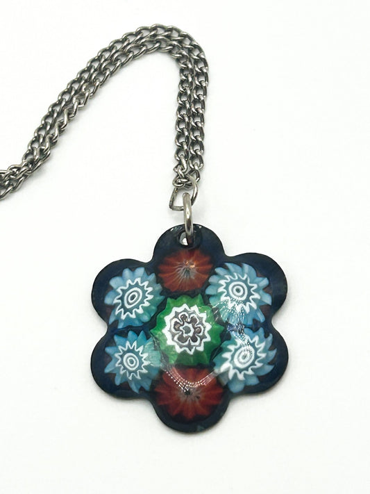 Vintage Floral Murano Glass Millefiori Flower Pendant Necklace - Spring Blue Red