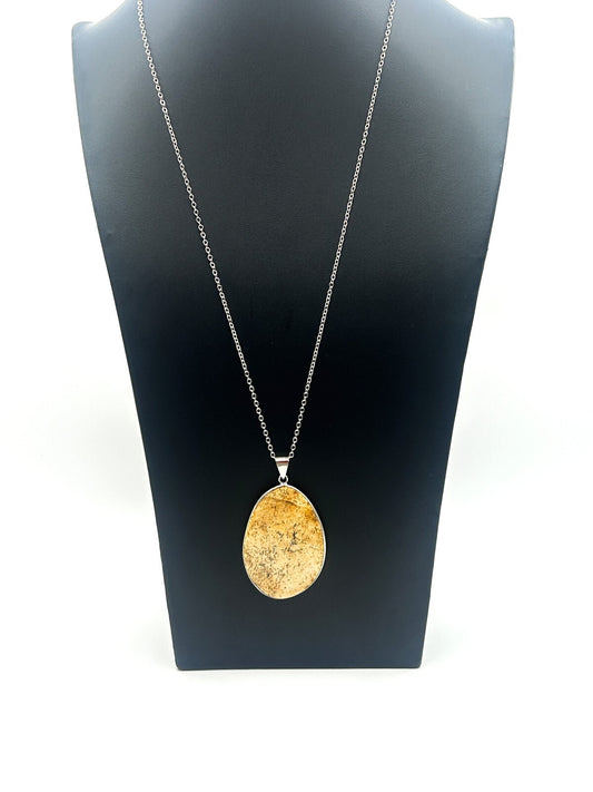 Picture Jasper Teardrop Pendant Necklace – Silver Tone 24" - Boho Gemstone Brown