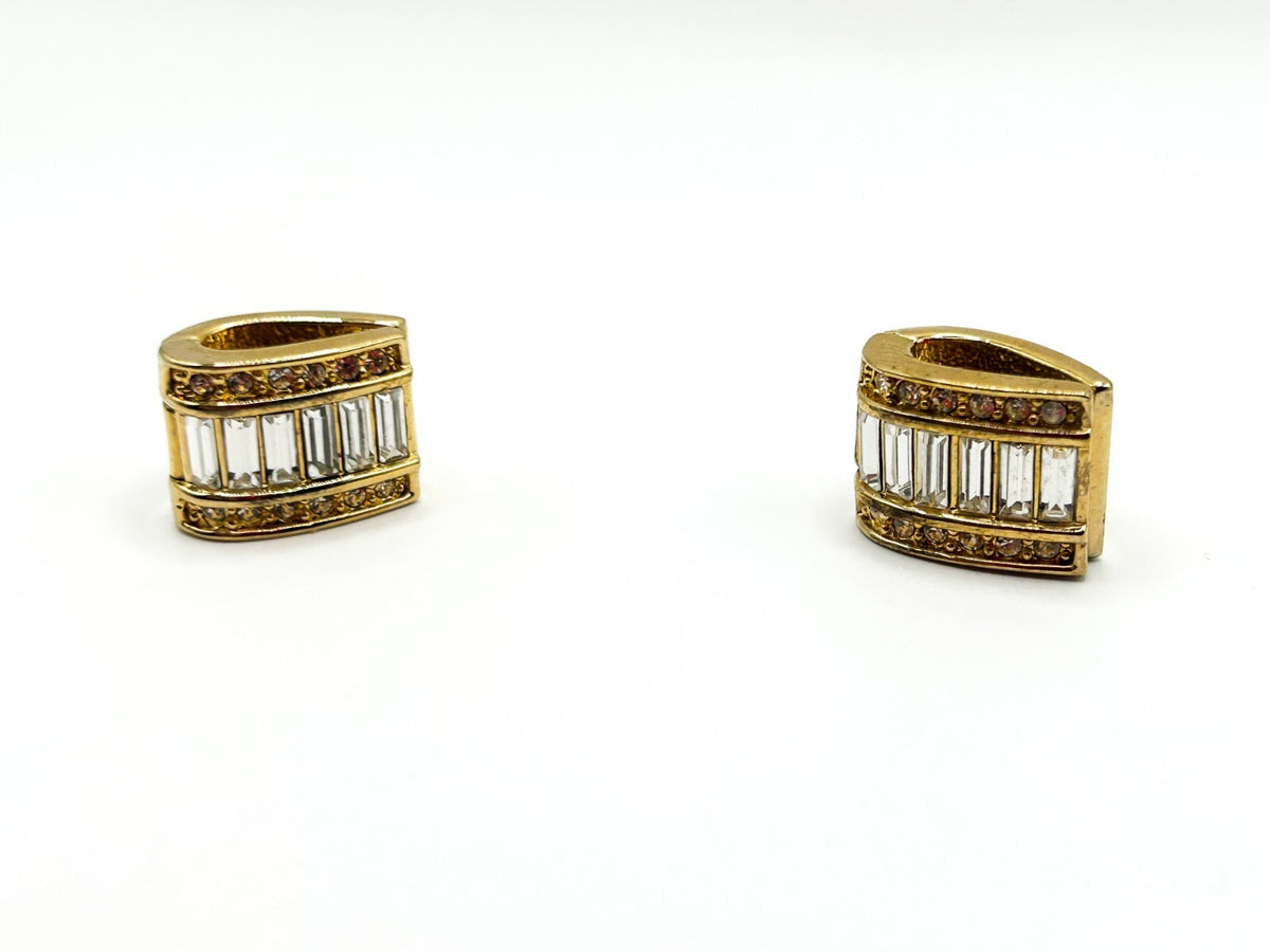 Vintage Monet Gold Tone Baguette Rhinestone Magnetic Earrings Original Card