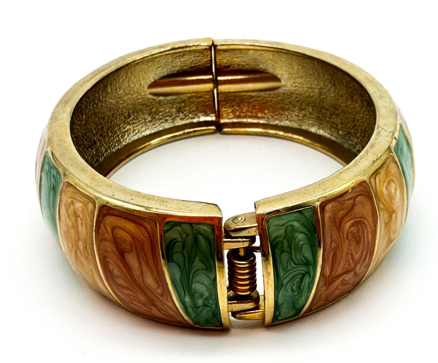 Y2K Enamel Stripe Hinged Bangle Bracelet in Green, Peach & Champagne Gold Tone